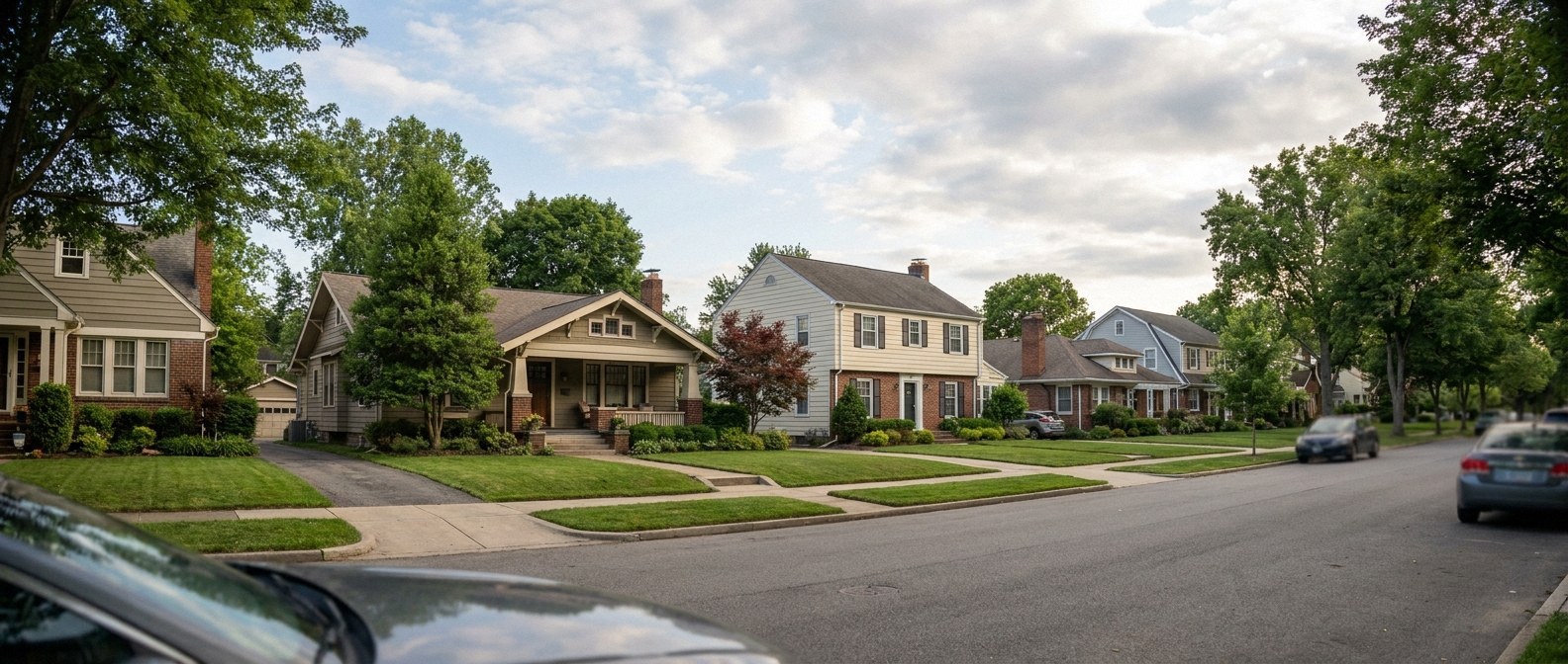 wide context composition: a broad street-level view of a peaceful suburban neighborhood featuring varied houses and