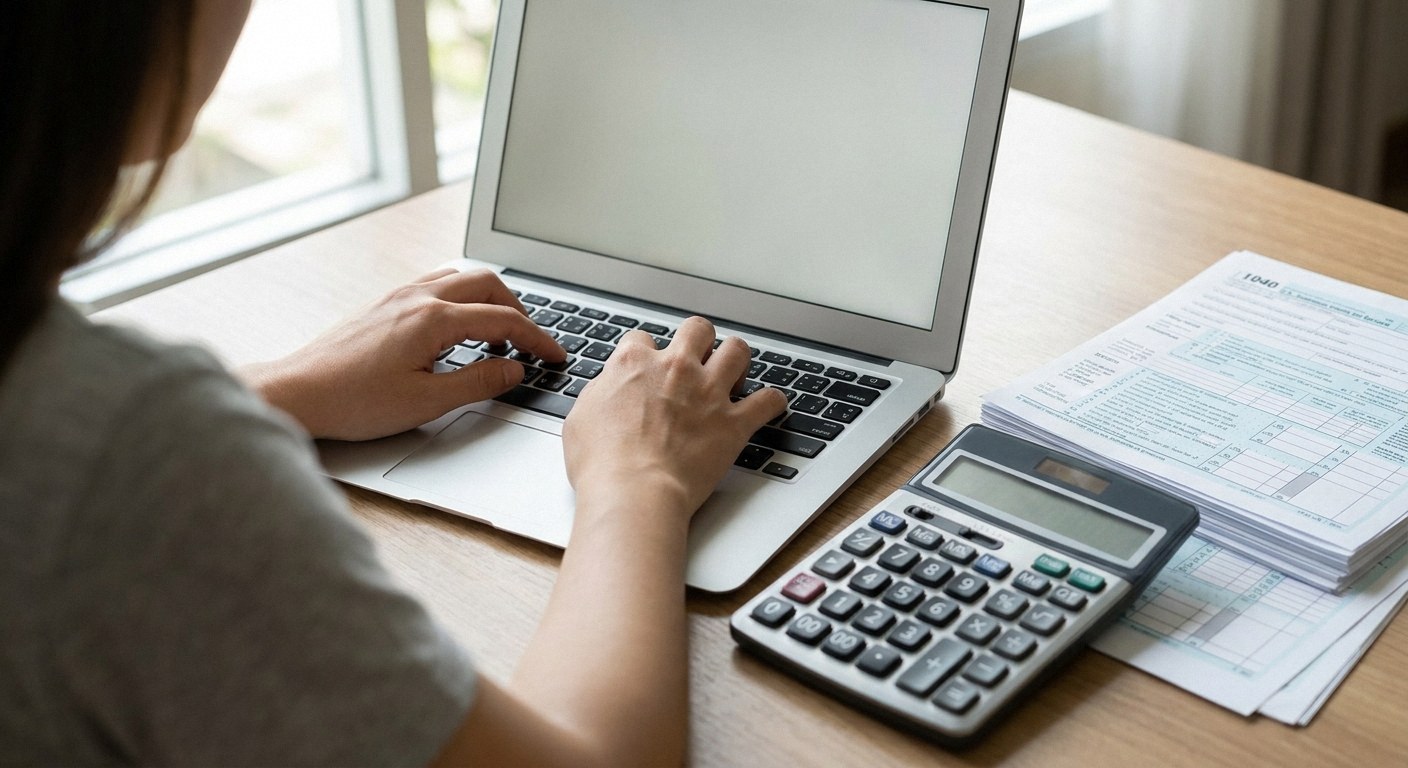 Over-the-shoulder view of a person typing on a silver laptop. A calculator and a stack of 1040 tax forms sit on a