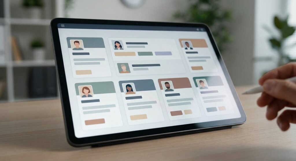 Tablet on a desk shows a grid of profile cards with avatars and text lines. A hand holds a stylus nearby. Blurred