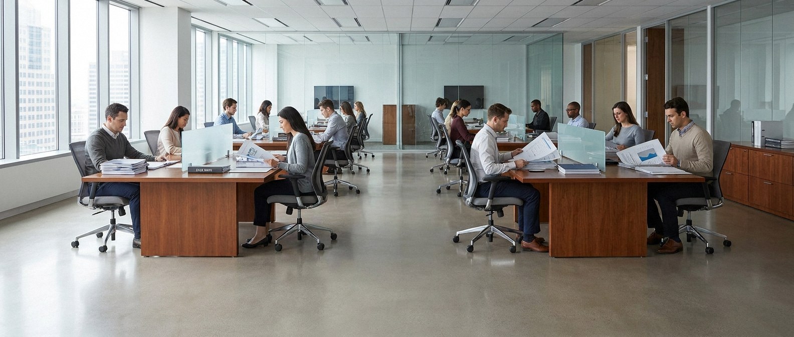 Wide view of a modern office where several individuals sit at expansive wooden desks reviewing printed documents and