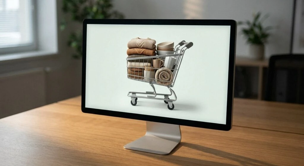 A monitor on a wooden desk shows a 3D rendering of a shopping cart filled with folded sweaters and homewares. The